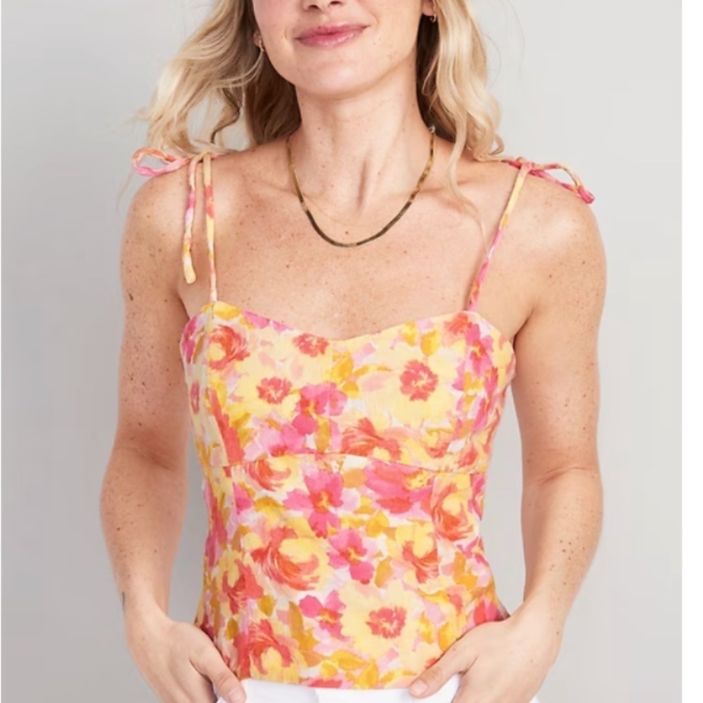 Old Navy Women's Pink Floral Fitted Linen-Blend Crop Top Size Large, NWT